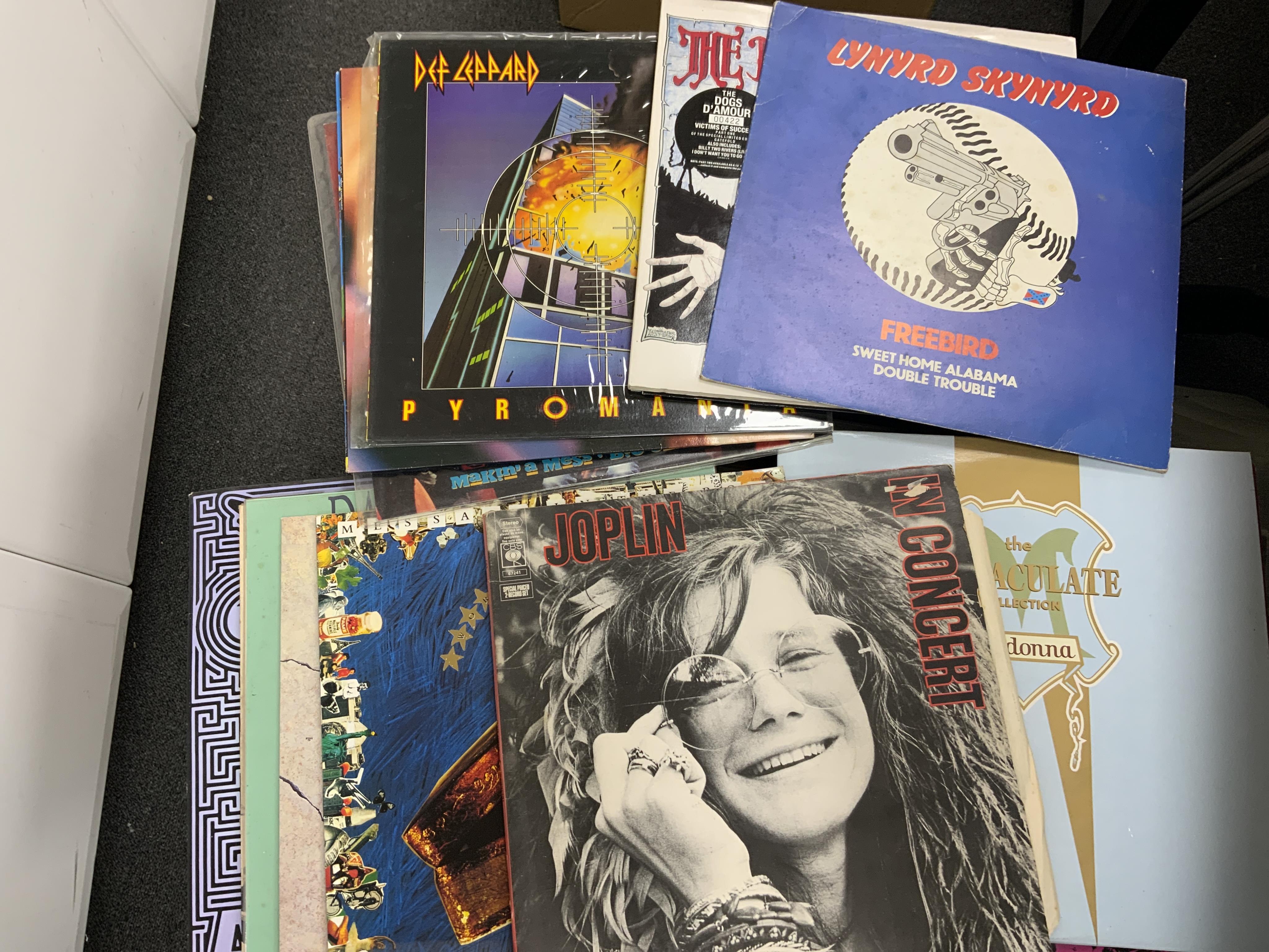 Sixty LP record albums, 12” singles, compilations, etc., artists including; ABBA, David Lee Roth, Michael Jackson, The Cure, Janis Joplin, David Bowie, Bon Jovi, The Who, Metallica, Def Leppard, Aerosmith, Whitesnake, et